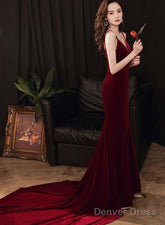 Charming V-Neckline Mermaid Velvet Evening Gown Wedding Party Dress, Dark Red Long Prom Dress
